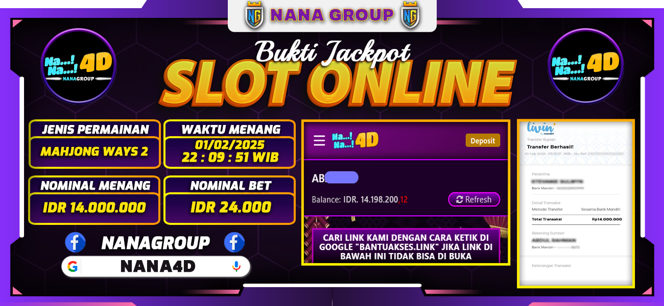 Bukti Kemenangan Besar Dibayar lunas Member NANA4D RP 14.000.000, 1 Februari 2025