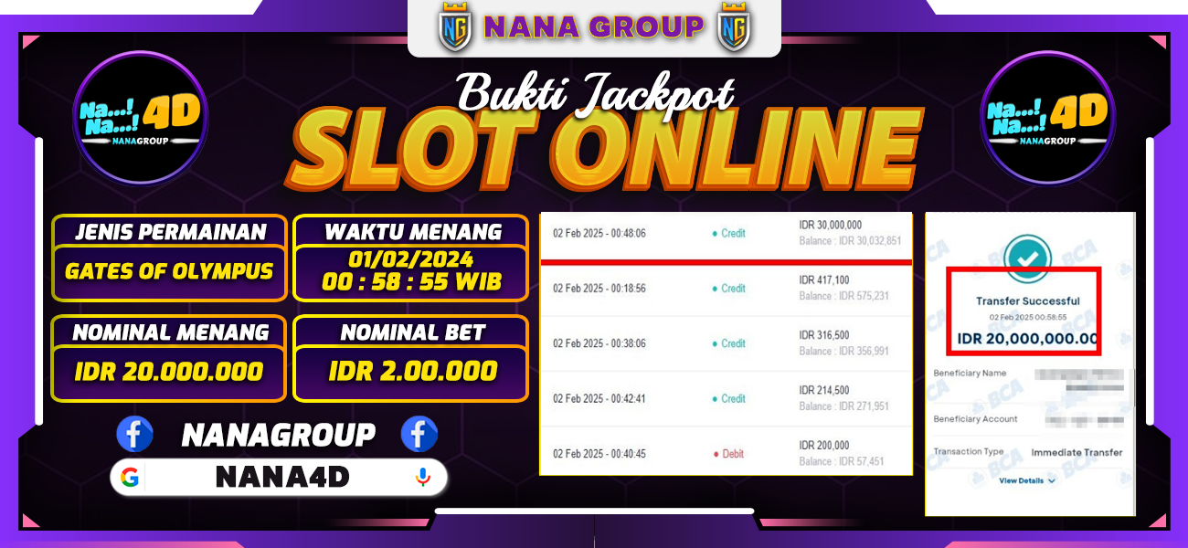 Bukti Kemenangan Besar Dibayar lunas Member NANA4D RP 20.000.000, 2 Februari 2025