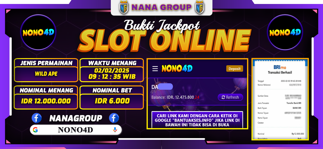 Bukti Kemenangan Besar Dibayar lunas Member NONO4D RP 12.000.000, 2 Februari 2025