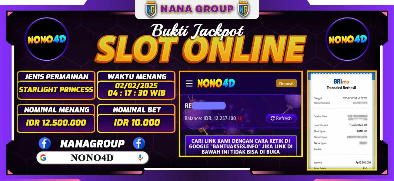 Bukti Kemenangan Besar Dibayar lunas Member NONO4D RP 12.500.000, 2 Februari 2025