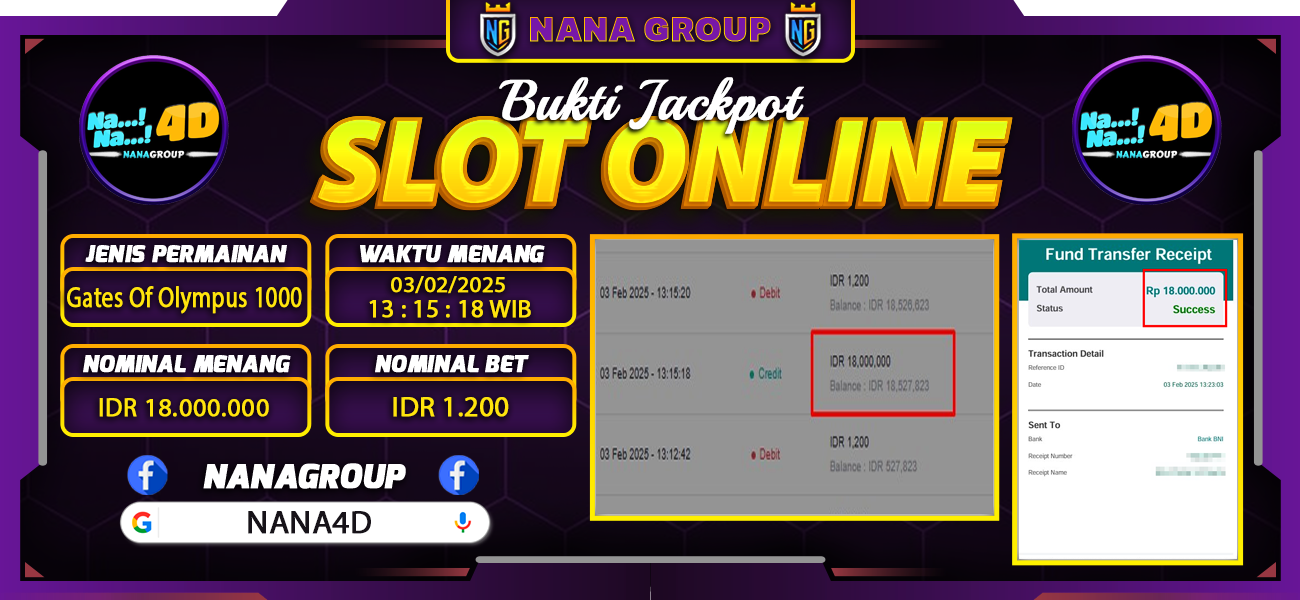 Bukti Kemenangan Besar Dibayar lunas Member NANA4D RP 18.000.000, 3 Februari 2025