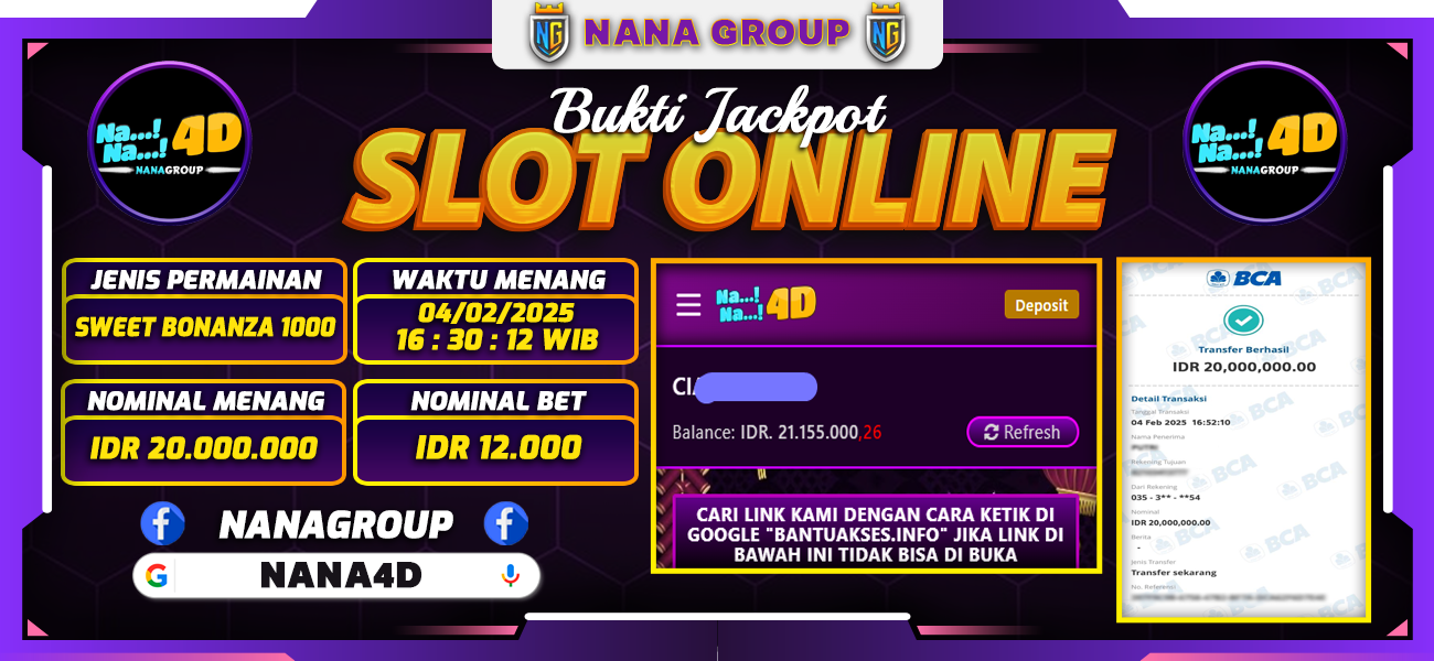 Bukti Kemenangan Besar Dibayar lunas Member NANA4D RP 20.000.000, 4 Februari 2025