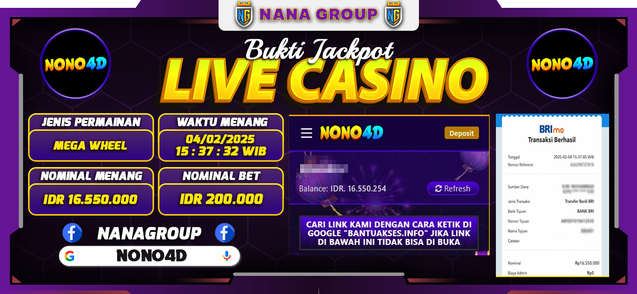 Bukti Kemenangan Besar Dibayar lunas Member NONO4D RP 16.550.000, 4 Februari 2025